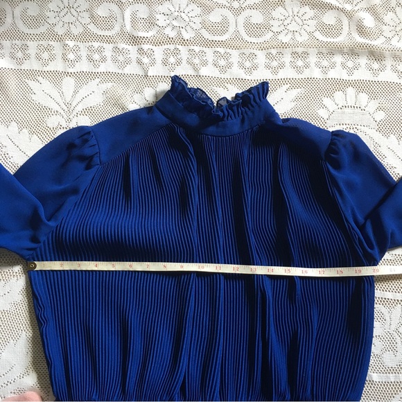 Vintage cobalt blue ruffle neck puff shoulder semi-sheer long sleeve midi dress - Picture 2 of 15